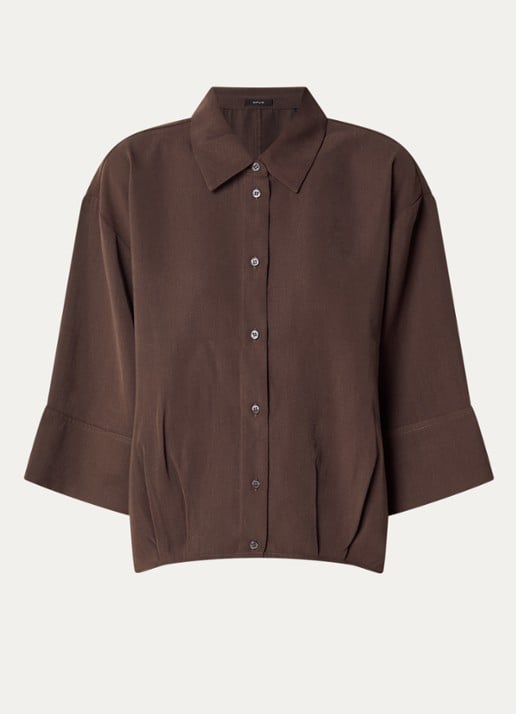 OPUS Fotori blouse met plooidetail en vleermuismouw - voorkant donkerbruin