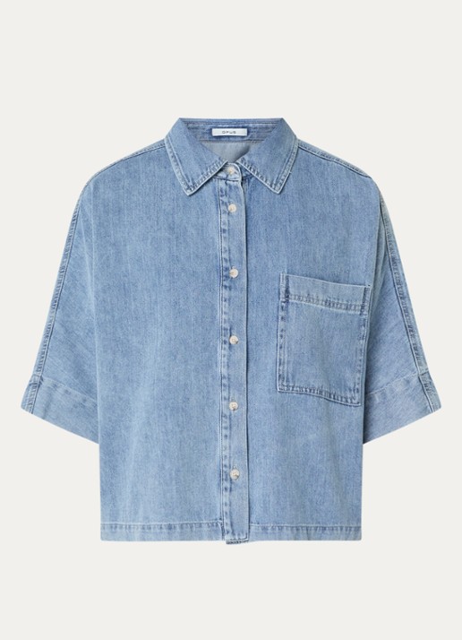 OPUS Fyndra blouse van denim met borstzak - voorkant 2 indigo