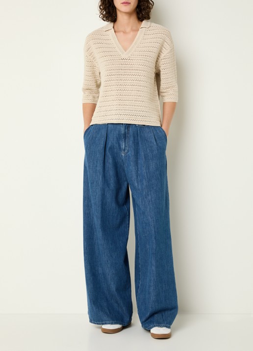 OPUS Garakino polo van crochet met v-hals - voorkant 3 donkerbeige