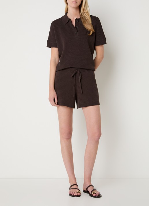 OPUS Maadow Resort grofgebreid high waist loose fit korte broek - voorkant 4 chocoladebruin