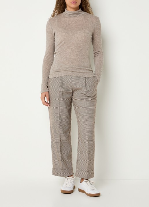 OPUS Maikito Pepita mid waist cropped straight leg broek met pied-de-poule dessin - voorkant 3 zand
