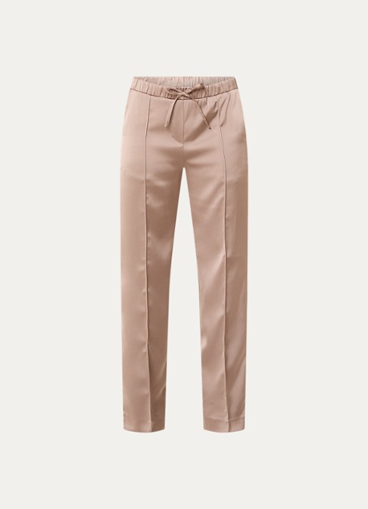 OPUS Melane Cosmic mid waist straight fit pantalon van satijn - voorkant 3 donkerbeige