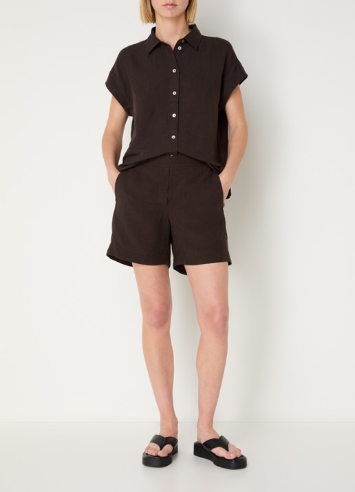 OPUS Melane Oasis high waist loose fit korte broek in linnenblend - voorkant 2 bruin