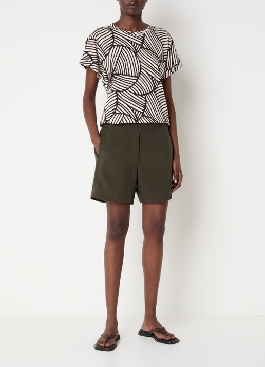 OPUS Melane Oasis high waist loose fit korte broek in linnenblend - voorkant 2 legergroen