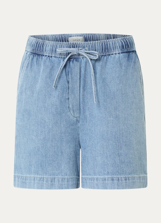 OPUS Musia high waist straight fit korte broek van chambray - voorkant 3 blauwgrijs