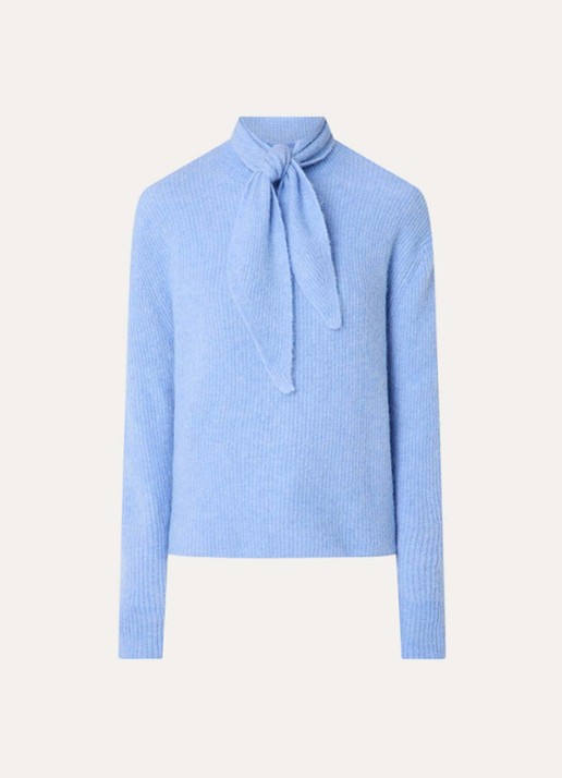 OPUS Parf fijngebreide trui in alpaca wolblend met sjaalkraag - voorkant 2 donkerblauw