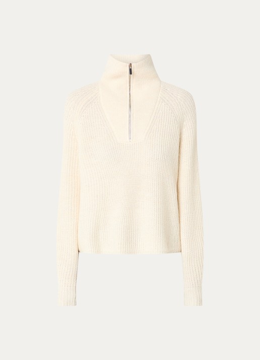 OPUS Poy grofgebreide trui in alpaca wolblend met halve rits - voorkant 3 gebroken wit