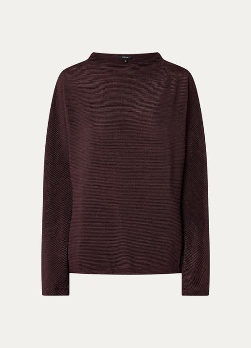 OPUS Saglanz top met ribstructuur - voorkant 3 aubergine