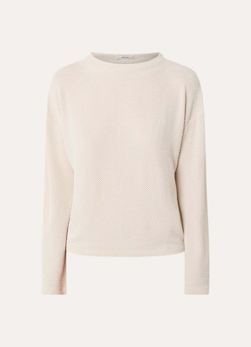 OPUS Serata top met opstaande kraag en print - voorkant beige
