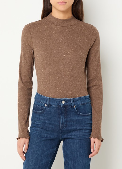 OPUS Suhanna longsleeve met stippenprint en gemêleerd dessin - detail 4 bruin