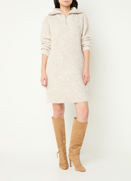 OPUS Wonelli grofgebreide mini trui-jurk in wolblend met halve rits - voorkant 4 creme