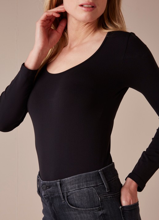 Oroblu Dolcevita body met ronde hals en lange mouw - detail zwart