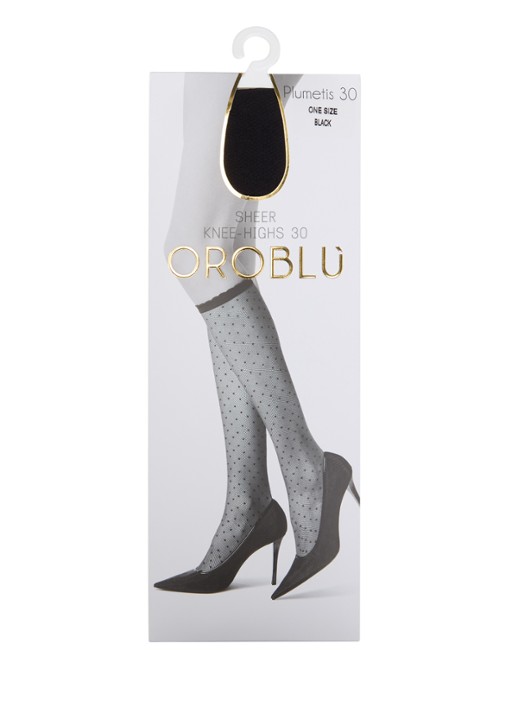 Oroblu Plumetis kniekousen met stippenprint in 30 denier - voorkant 2 zwart