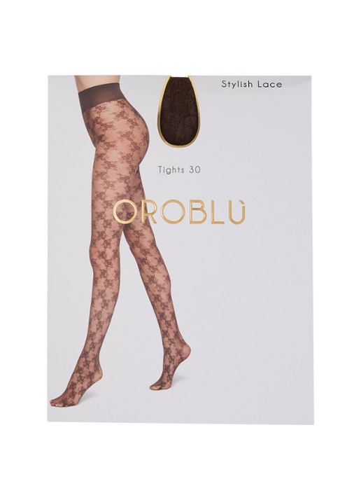Oroblu Stylish panty met bloemenprint in 30 denier - voorkant bruin