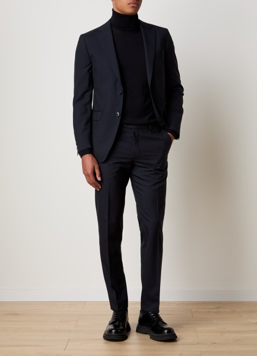 Oscar Jacobson Denz slim fit pantalon van wol met steekzakken - voorkant 2 donkerblauw