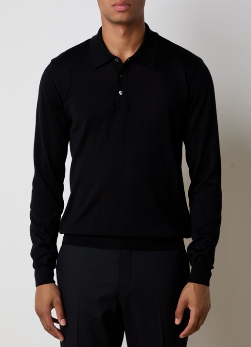 Oscar Jacobson Melvin fijngebreide regular fit polo van wol - detail 2 zwart