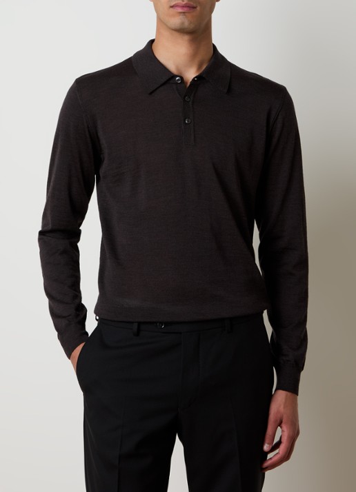 Oscar Jacobson Melvin fijngebreide regular fit polo van wol - detail 2 donkerbruin