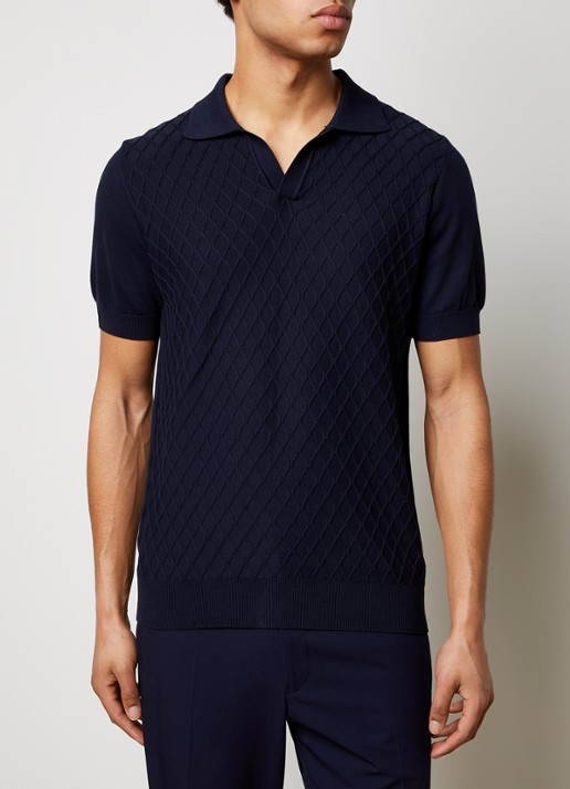 Oscar Jacobson Mirza fijngebreide regular fit polo met structuur - detail 2 donkerblauw