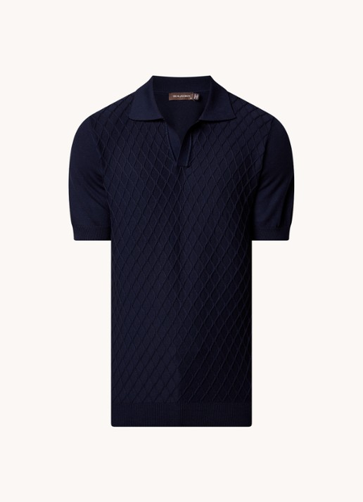 Oscar Jacobson Mirza fijngebreide regular fit polo met structuur - voorkant 4 donkerblauw