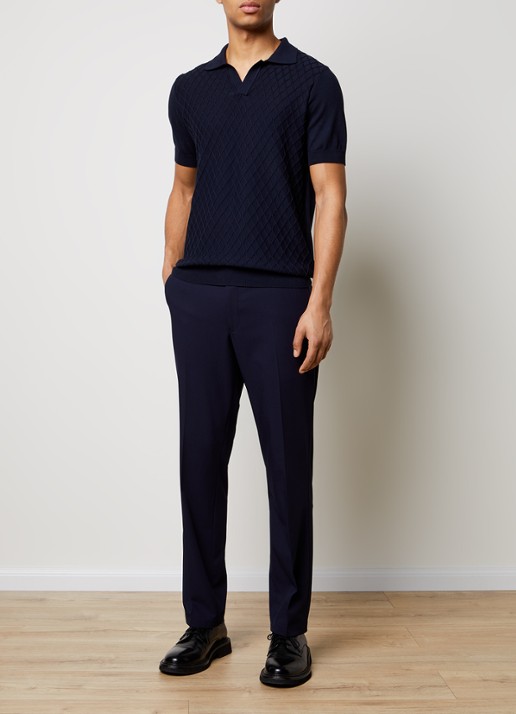 Oscar Jacobson Mirza fijngebreide regular fit polo met structuur - voorkant 5 donkerblauw