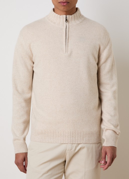Oscar Jacobson Paul fijngebreide trui in kasjmierblend met halve rits - detail beige