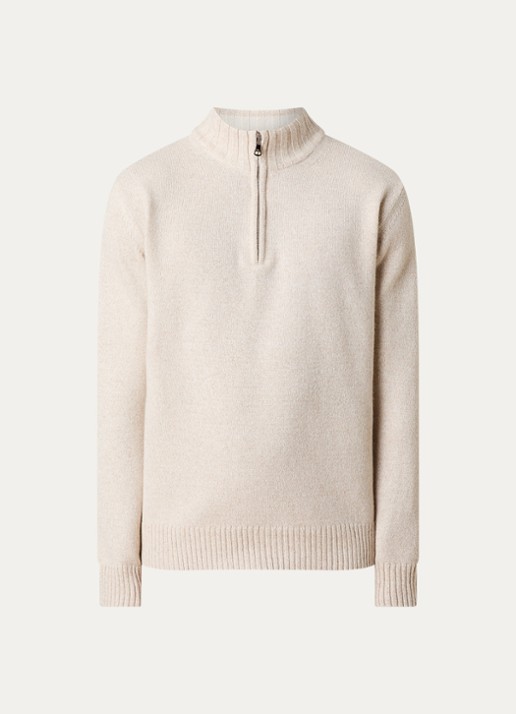 Oscar Jacobson Paul fijngebreide trui in kasjmierblend met halve rits - voorkant 4 beige