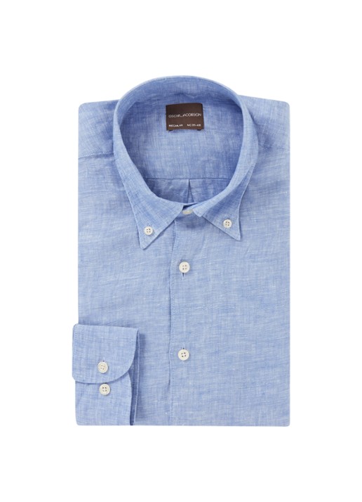 Oscar Jacobson Regular fit overhemd van linnen met button down-kraag - voorkant 2 blauw