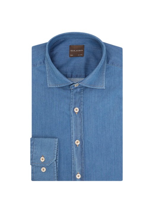 Oscar Jacobson Slim Fit  denim shirt met cutaway kraag