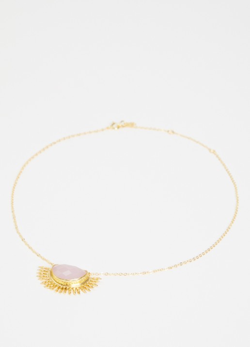 Ottoman Hands Sunrise Aqua Chalcedony ketting verguld - detail 2 lichtroze