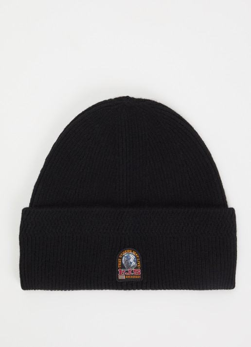 Parajumpers Garmo ribgebreide muts met logo - voorkant zwart