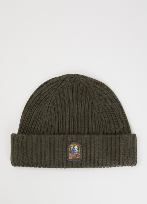 Parajumpers Matio ribgebreide muts in merino wolblend met logo - voorkant olijfgroen