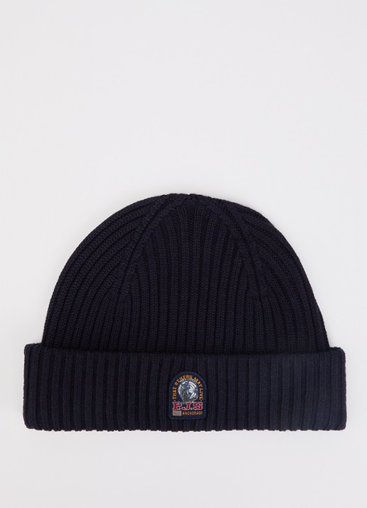 Parajumpers Matio ribgebreide muts in merino wolblend met logo - voorkant donkerblauw