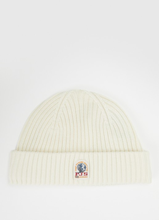Parajumpers Matio ribgebreide muts in merino wolblend met logo - voorkant ivoor