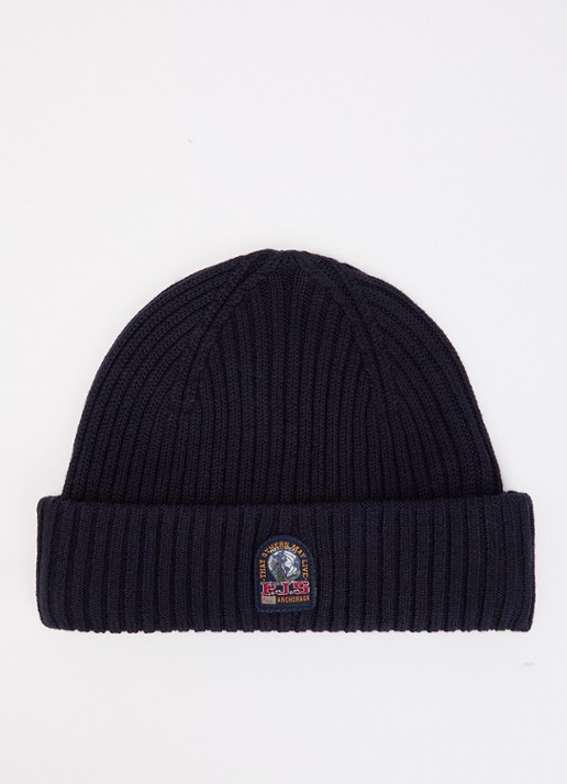 Parajumpers Matio ribgebreide muts in merino wolblend met logo - voorkant donkerblauw