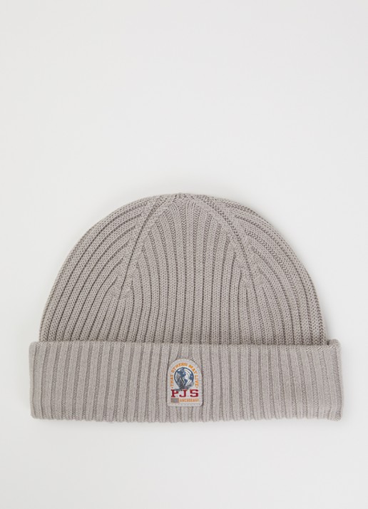 Parajumpers Matio ribgebreide muts in merino wolblend met logo - voorkant grijs