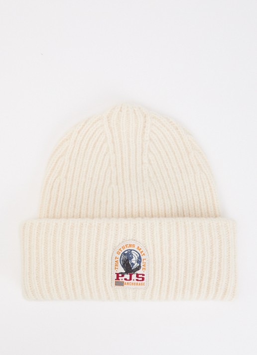 Parajumpers Mooneye ribgebreide muts in wolblend met logo - voorkant creme