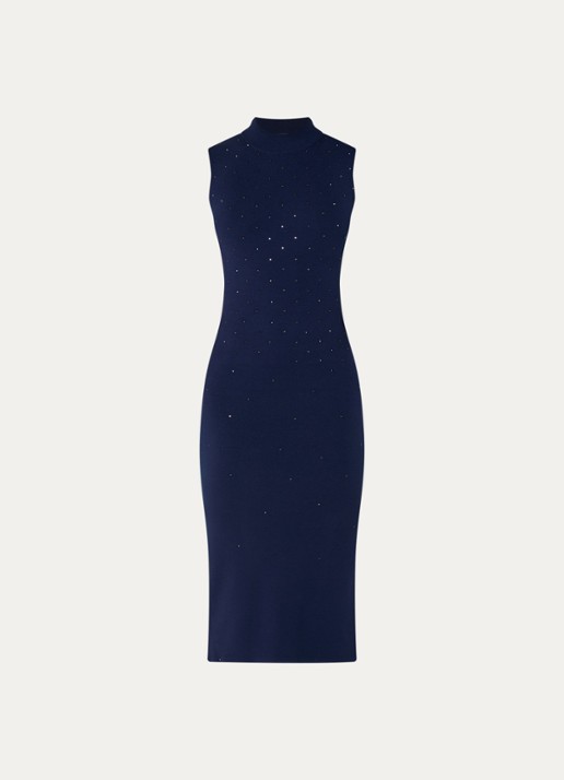 Pennyblack Boboli fijngebreide midi jurk met strass en split - voorkant 2 donkerblauw