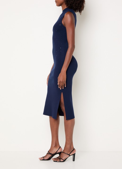 Pennyblack Boboli fijngebreide midi jurk met strass en split - voorkant 3 donkerblauw