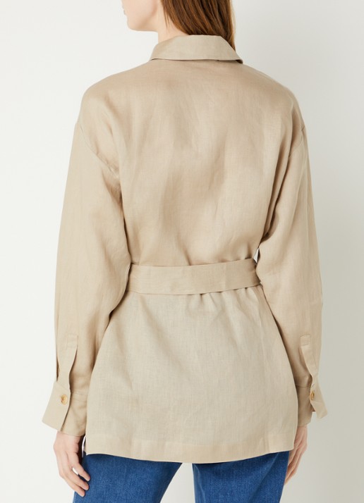 Pennyblack Fico blouse van linnen met borstzakken en strikceintuur - achterkant beige