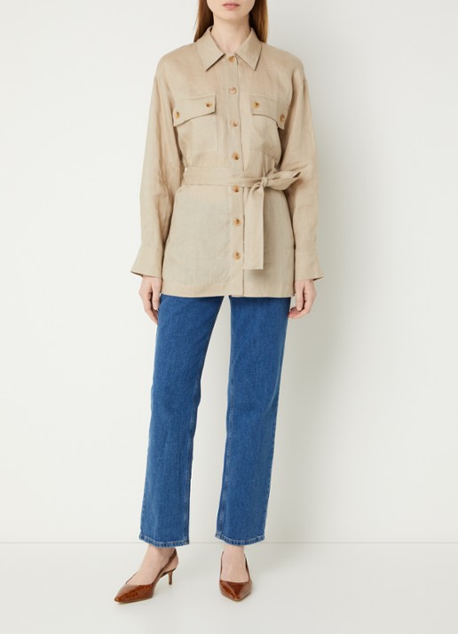 Pennyblack Fico blouse van linnen met borstzakken en strikceintuur - voorkant 4 beige