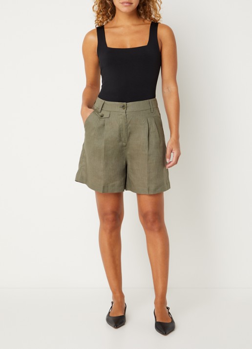 Pennyblack High waist loose fit korte broek van linnen met steekzakken - voorkant 2 olijfgroen