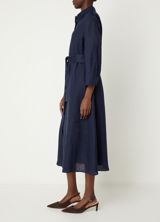 Pennyblack Tuono blousejurk van linnen met strikceintuur - voorkant 3 donkerblauw