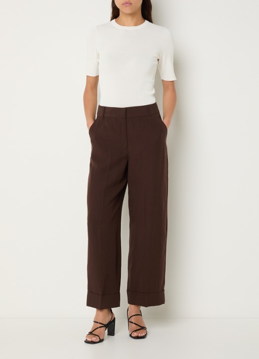 Pennyblack Zimino high waist wide fit pantalon in linnenblend - voorkant 3 donkerbruin