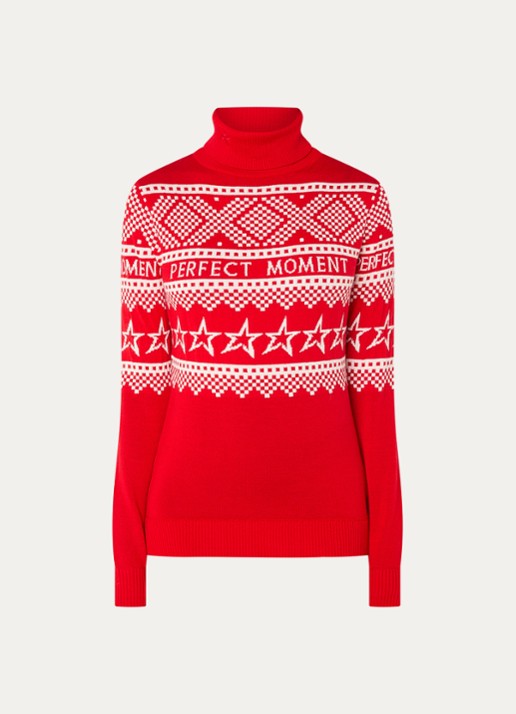 Perfect Moment Holiday grofgebreide trui van merino wol met ingebreid patroon  - voorkant rood