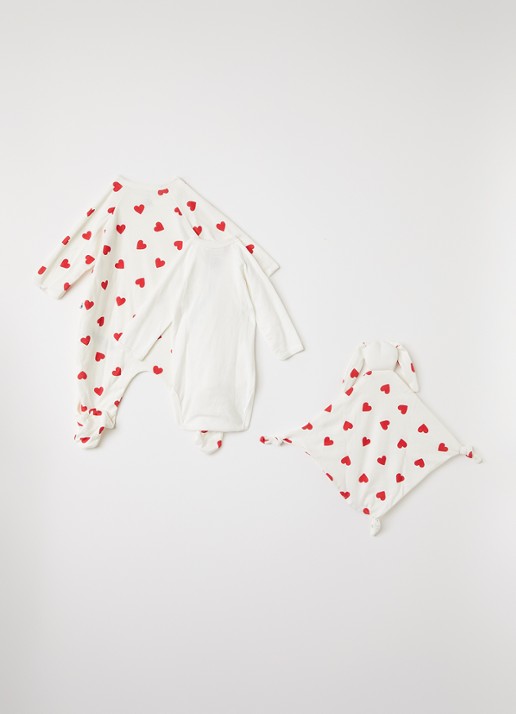 Petit Bateau Set van babypak met romper en knuffeldoekje in giftbox 3-delig - voorkant 3 gebroken wit