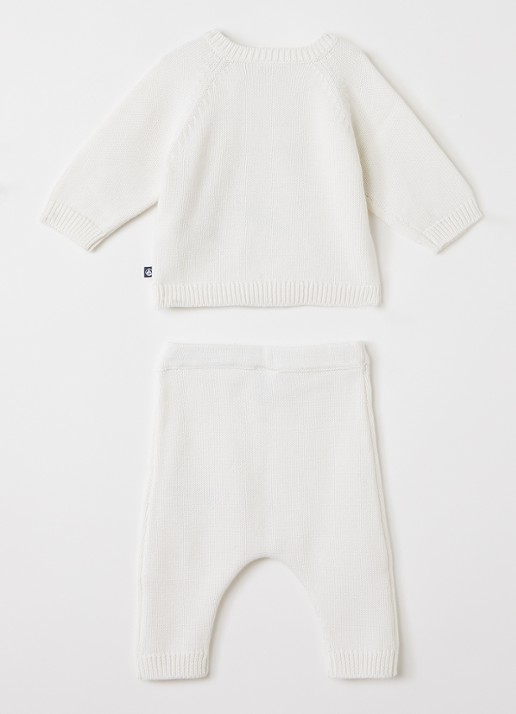 Petit Bateau Set van grofgebreid vest en broek - voorkant 2 gebroken wit