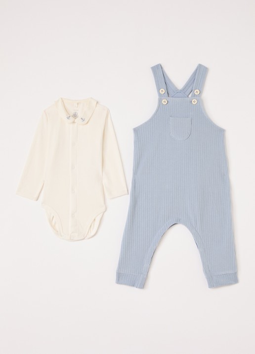 Petit Bateau Set van romper met tuinbroek 2-delig - voorkant blauw