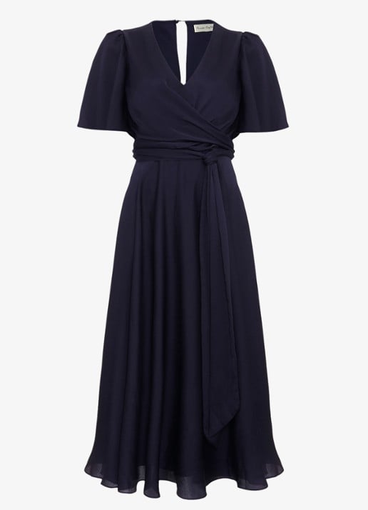 Phase Eight Abbie midi jurk met strikceintuur pofmouwen - voorkant donkerblauw