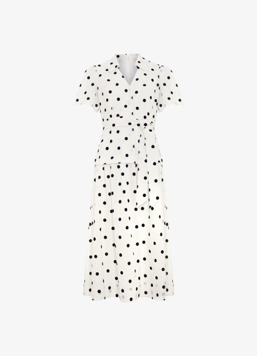 Phase Eight Adele midi jurk met stippenprint en strikceintuur - voorkant 5 gebroken wit