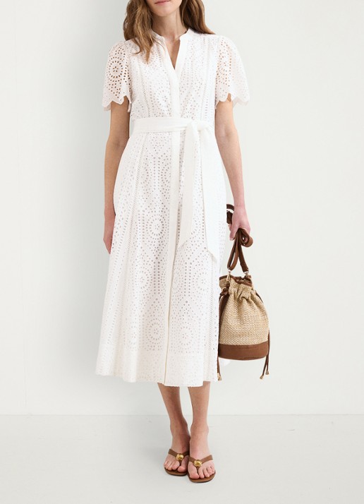 Phase Eight Aletta midi blousejurk met broderie en strikceintuur  - voorkant 3 wit
